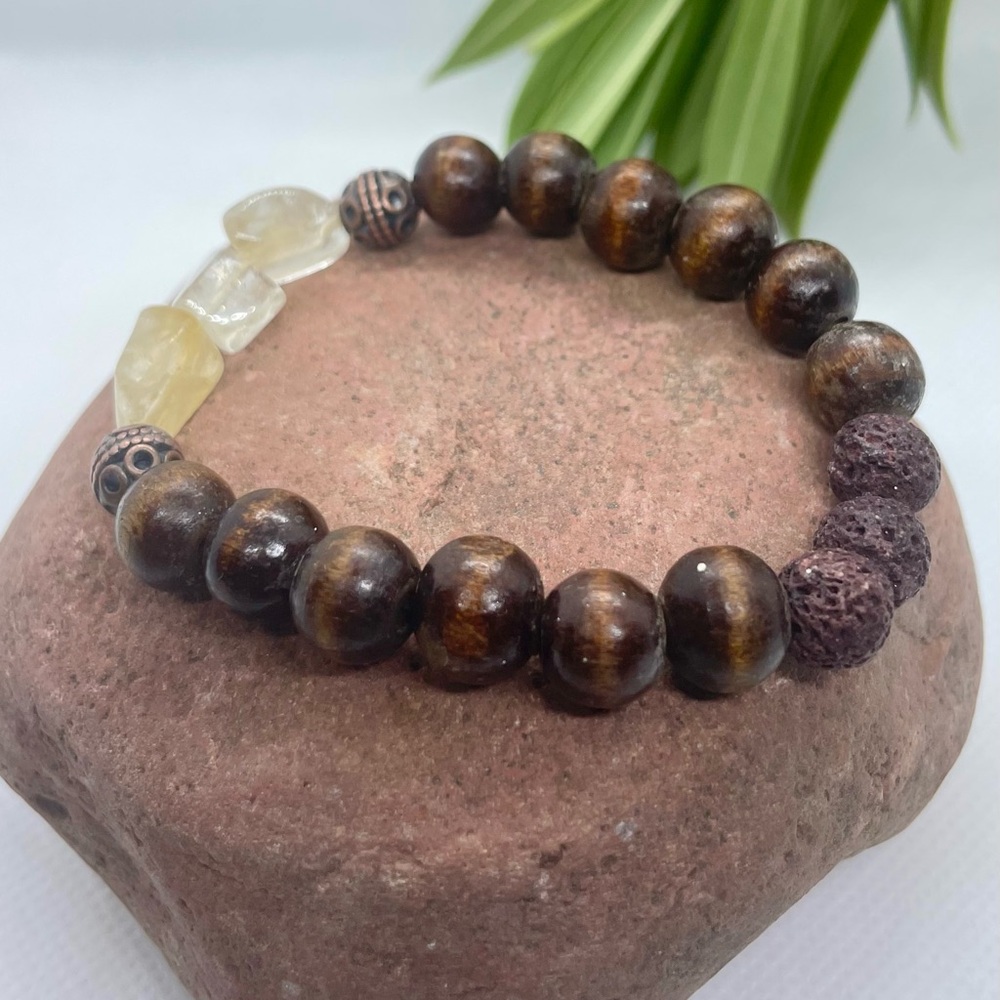 CITRINE gemstone bracelet accented by rich wooden beads and lava stones